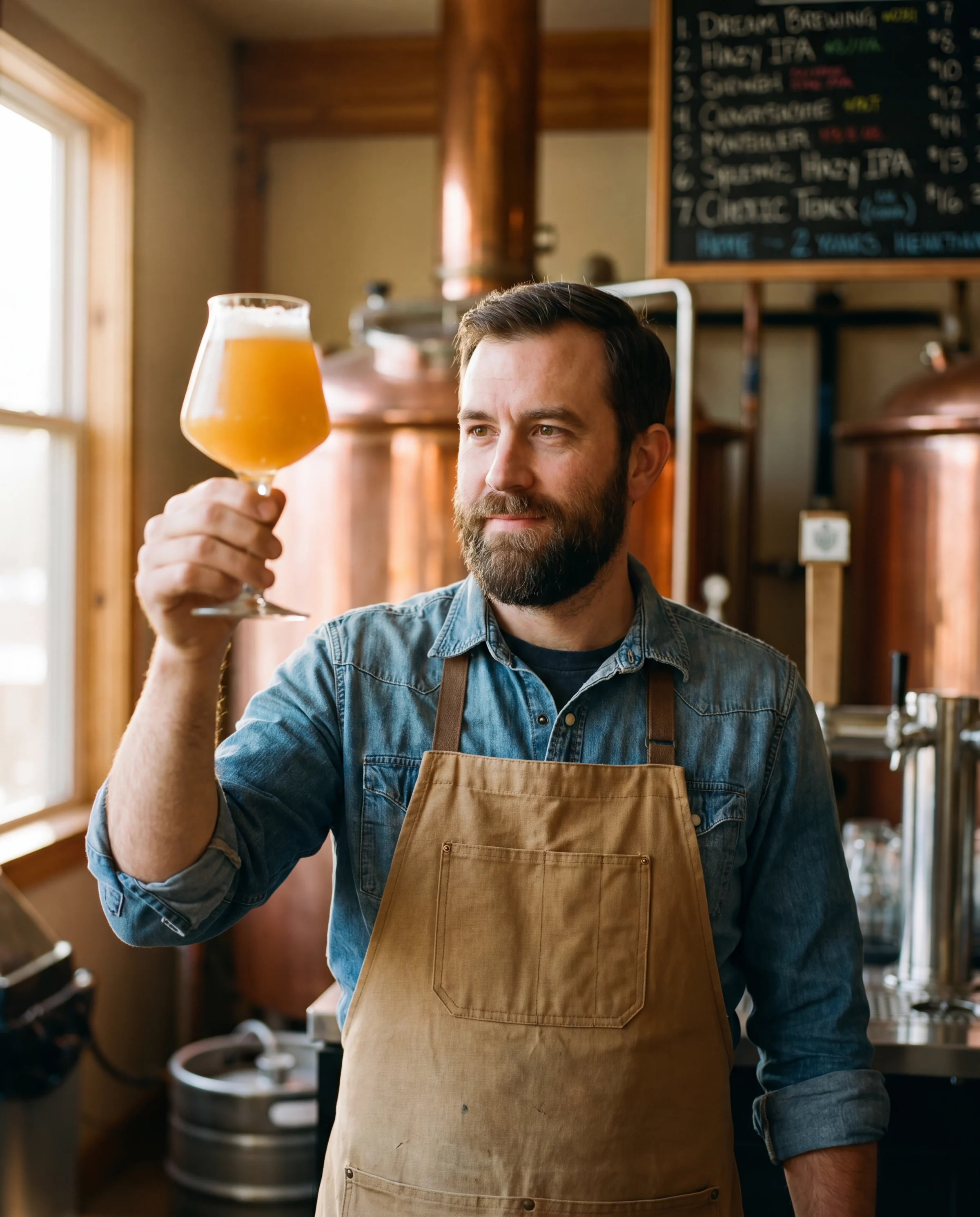 A bearded cicerone in a denim shirt and tan brewer's apron holding a Teku glass of hazy IPA against the warm light of a brewery taproom.