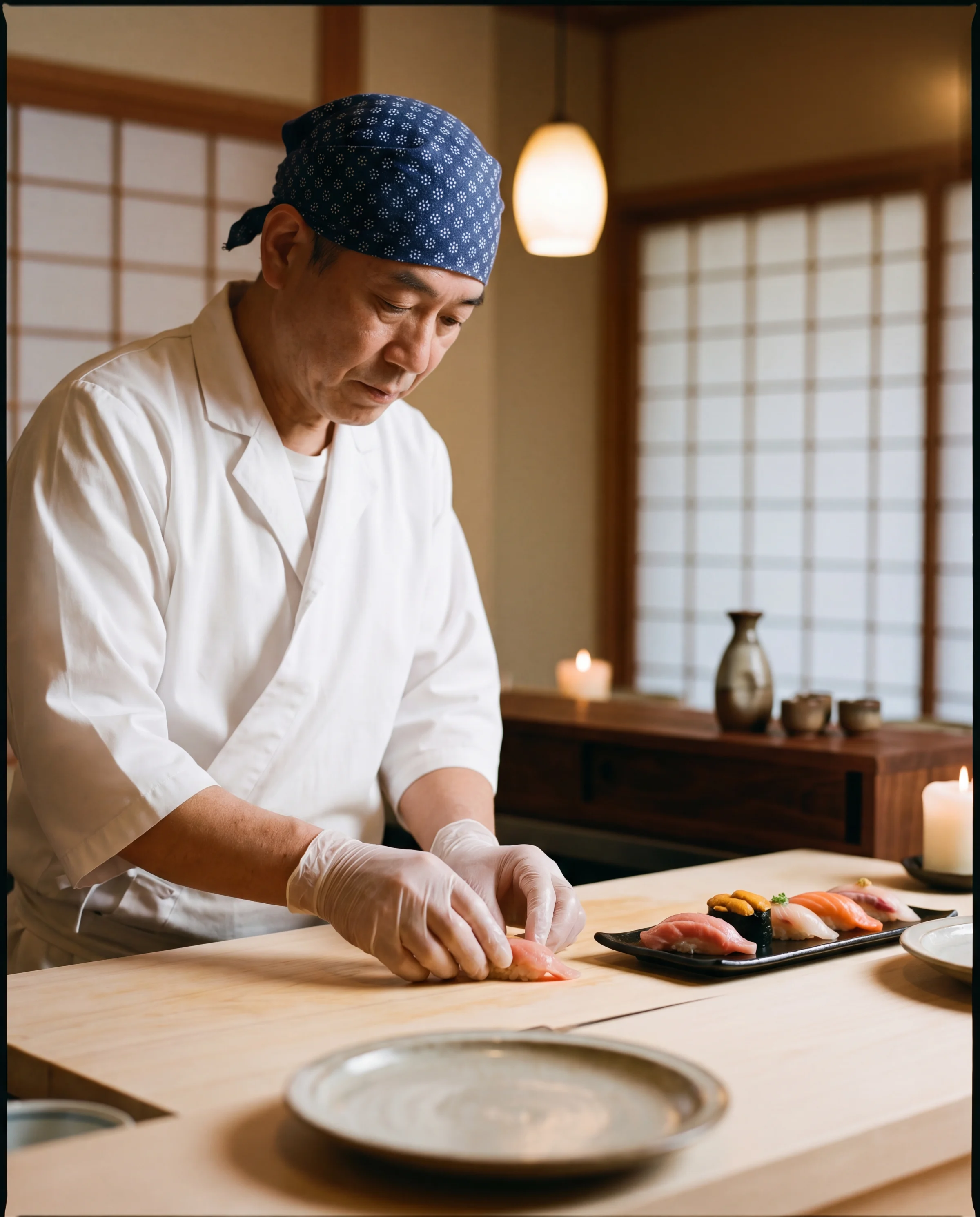 An omakase chef in a white jacket and indigo bandanna placing a piece of nigiri on a hinoki cypress counter, sake and ochoko cups behind.