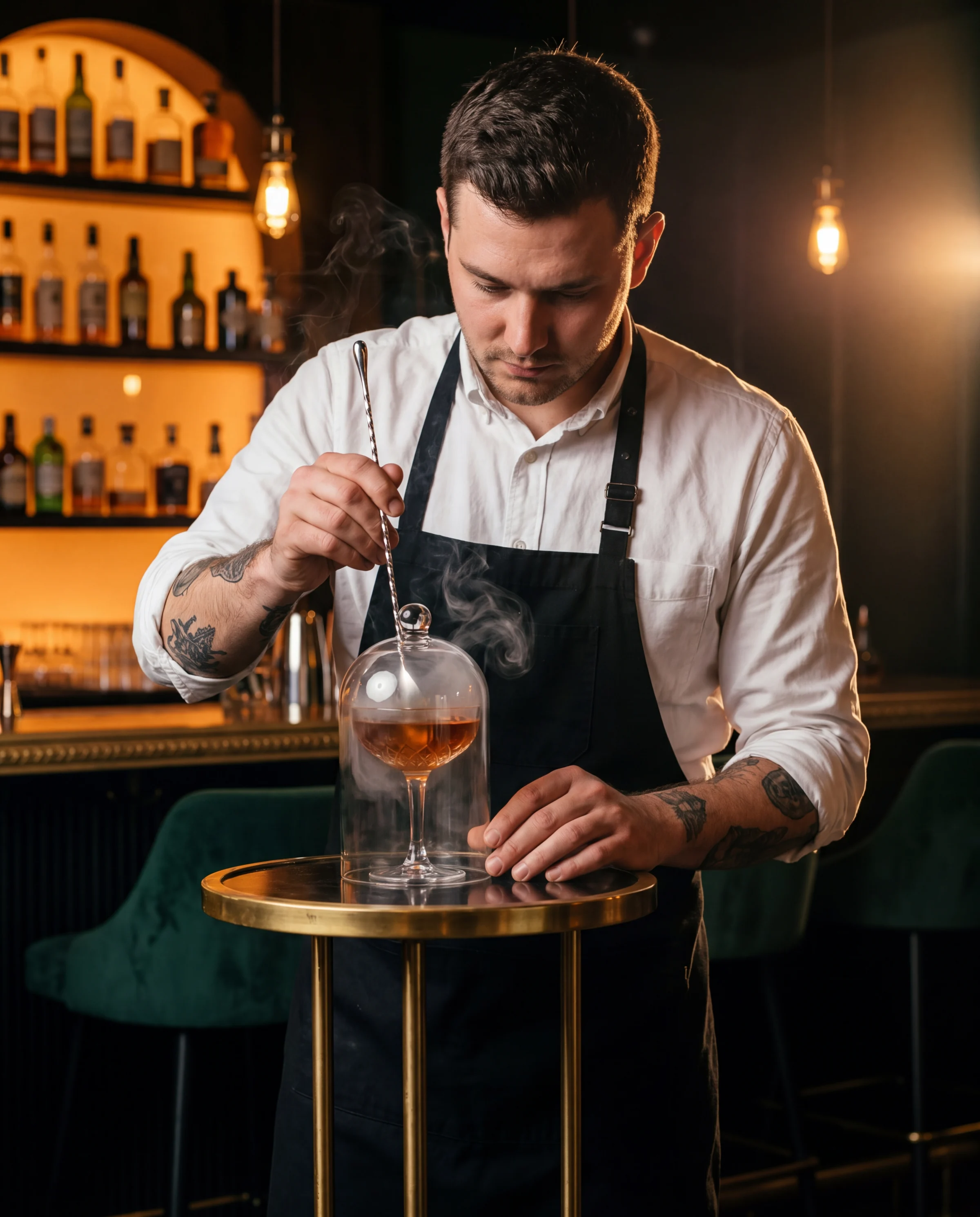 A mixologist in a black bib apron stirring a smoked old-fashioned under a cherry-wood smoke dome at an art-deco bar.